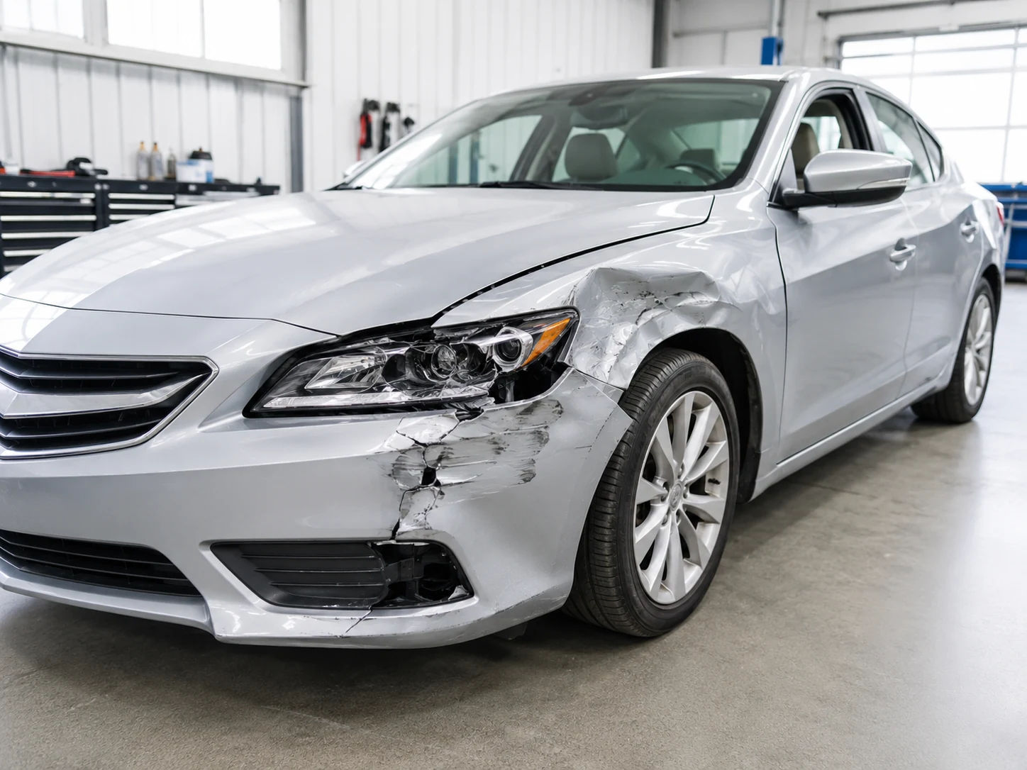 Silver vehicle with visible collision damage